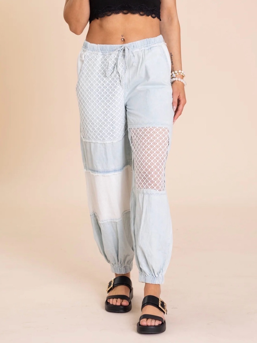 POL Bohemian Chambray Crochet Denim Jogger Pants Blue L